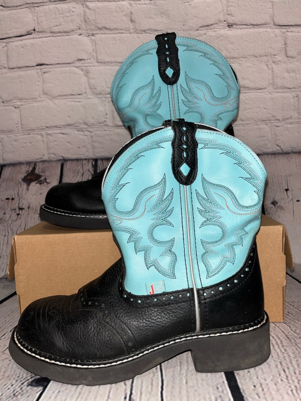 Justin Gypsy Round Toe Western Black & Turquoise Leather Cowboy Boots Size 8